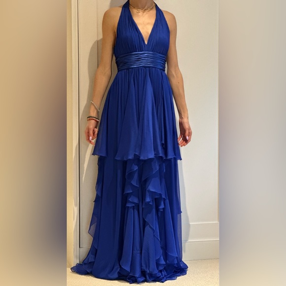 Deep V- Neck Halter Chiffon Dress with Pleats - Picture 3 of 5